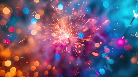 An abstract image of fireworks bursting in a kaleidoscope of colors with a bokeh effect, symbolizing celebration and excitement.の素材