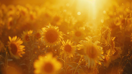 Sunflower field at sunset with golden light bathing the vibrant yellow blooms, creating a serene and warm summer landscape.の素材