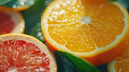 Macro of  sunlit slices citrus fruits dipped in water bright and vibrant summer colors, refreshing holiday feel.の素材