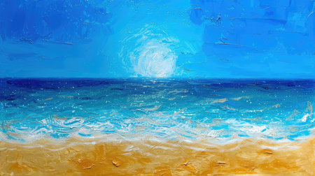 An abstract painting capturing the dynamic essence of the ocean's waves in rich blue and gold acrylic tones.の素材