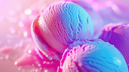 Close-up of bright neon colors ice cream scoops with frosty texture, reflecting a playful and cool summer treat vibe.の素材