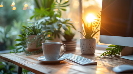 A close-up of a neatly organized workspace in the soft light of morning, symbolizing preparation and optimism for the workday aheadの素材