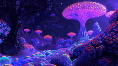Digital artwork of a surreal, alien forest filled with neon-glowing mushroom-like structures under a starry sky.の素材