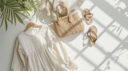 A flat lay composition of a chic summer outfit, featuring a white dress, straw bag, and sandals, complemented by green foliage and soft shadows.の素材