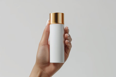 A person's hand elegantly displaying a blank white cosmetic bottle with a gold cap, ideal for branding and product design.の素材