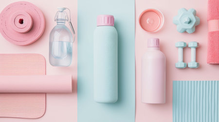 Yoga mat, dumbbells, water bottle, and towel neatly arranged on a pastel background, symbolizing a home workout setup.の素材