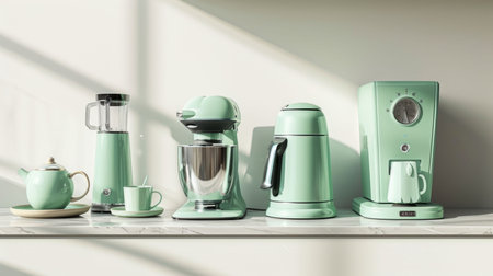 A stylish set of mint green kitchen appliances including a blender, coffee machine, and kettle, displayed on a chic marble countertop.の素材