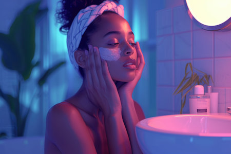 Young woman indulges in a skincare routine with a facial mask in her neon-lit, modern bathroom.の素材