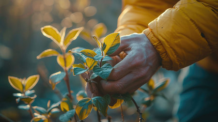 A close-up view of a farmer's hands carefully nurturing young tea leaves in the glowing morning light.の素材