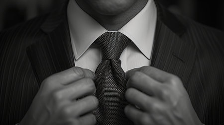 Close-up of a businessman in a suit perfecting his tie, preparing for a professional engagement or interview.の素材