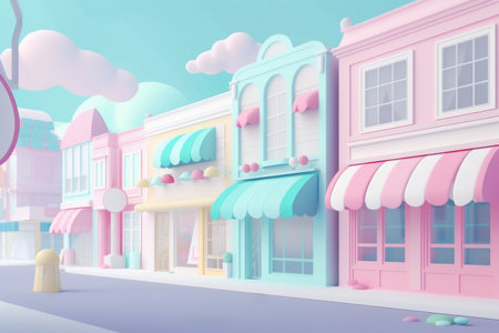A 3D illustration of a whimsical street lined with adorable shops, all rendered in soft pastel colors, under a dreamy sky.の素材