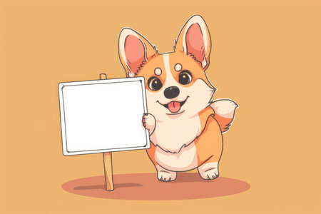Cartoon illustration of an adorable Corgi dog standing next to a blank signboard, perfect for custom messages and advertisements.の素材