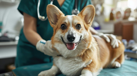 A cheerful Pembroke Welsh Corgi being vaccinated at a veterinarian's clinic, portraying pet healthcare and preventive medicine.の素材