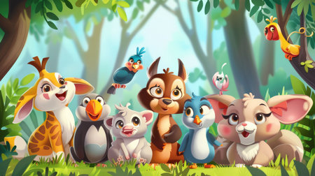 cartoon happy group of animals in the jungle. illustration for childrenの素材