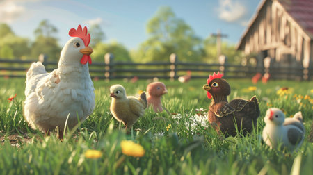 A delightful 3D animation of a mother hen with her adorable chicks enjoying a warm, sunny day on a vibrant farm.の素材