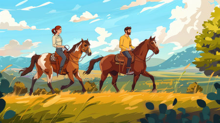 A man and woman are seen horseback riding together across a scenic landscape with mountains in the background.の素材