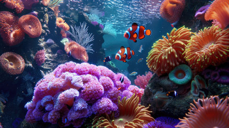 Vividly animated clownfish swim gracefully in a stunningly detailed and colorful coral reef ecosystem.の素材