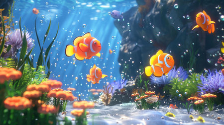 Vividly animated clownfish swim gracefully in a stunningly detailed and colorful coral reef ecosystem.の素材