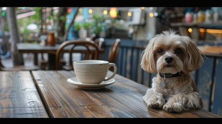 A small, adorable dog sits patiently on a rustic wooden table at a cozy outdoor  pet friendly cafÃ©.の素材