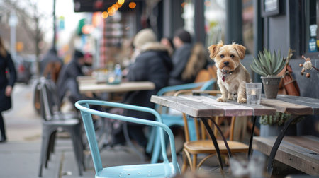 A small, adorable dog sits patiently on a rustic wooden table at a cozy outdoor pet friendly cafÃ©.の素材