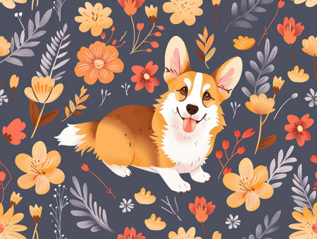 A heartwarming pattern featuring joyful Corgi dogs frolicking among a variety of dainty wildflowersの素材