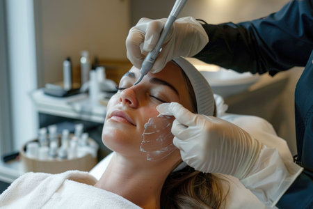 Expert beautician applies a chemical peel on a relaxed woman's face at a well-equipped beauty clinic.の素材