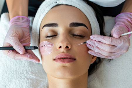 Expert beautician applies a chemical peel on a relaxed woman's face at a well-equipped beauty clinic.の素材