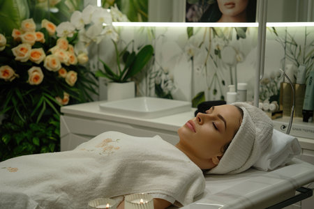 A serene woman enjoys a pampering facial mask at a tranquil, candlelit beauty clinic spa.の素材