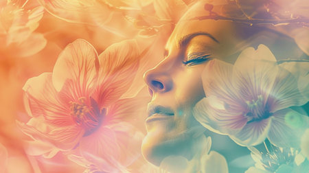Serene young woman sleeping surrounded by a surreal blend of flowers and soft light, evoking tranquility.の素材