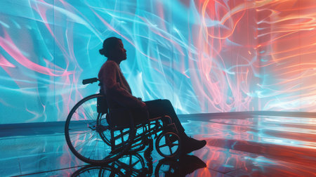A contemplative silhouette of an individual in a wheelchair is cast against a backdrop of dynamic and colorful light projections.の素材
