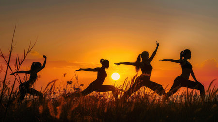 Four silhouetted figures engage in martial arts poses against the backdrop of a dramatic sunset sky, emanating a sense of strength and discipline.の素材