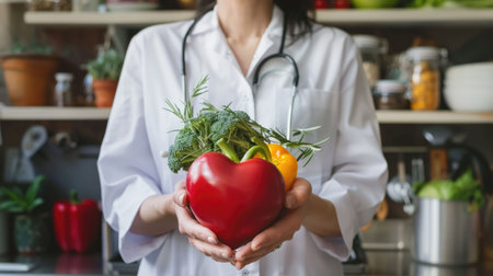 A medical professional holding a selection of fresh vegetables, highlighting the importance of a healthy diet for good health.の素材