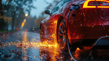 Close-up of an electric car being charged in the rain at dusk, with glowing city lights reflecting on wet surfaces.の素材