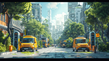Futuristic urban street lined with electric public transport vehicles at charging stations, showcasing eco-friendly city life.の素材