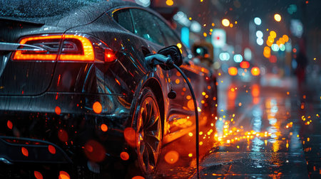 Close-up of an electric car being charged in the rain at dusk, with glowing city lights reflecting on wet surfaces.の素材