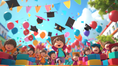 Animated kindergarten students cheerfully toss their graduation caps into the air, surrounded by colorful decorations and balloons.の素材
