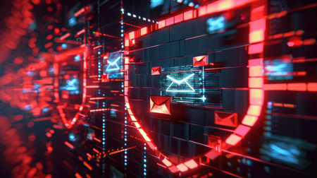Visualization of encrypted emails being securely transferred through a futuristic server array.の素材
