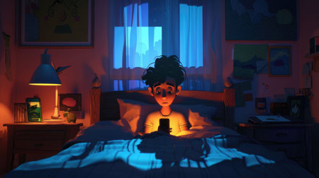 An illustrated young boy lies in bed, absorbed by his smartphone, with room details casting a serene nighttime ambiance.の素材