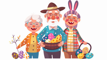 A heartwarming illustration of a smiling elderly, holding baskets full of colorful Easter eggs.の素材