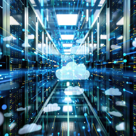 Futuristic visualization of cloud computing within a data center corridor, showcasing secure and protected server technology.の素材