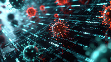 A digital representation of malware analysis in a lab with virus structures interfacing with lines of code, highlighting cybersecurity threats.の素材