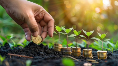 Hand placing a Bitcoin on fertile soil with ascending coin stacks and sprouting plants representing financial and sustainable growth.の素材