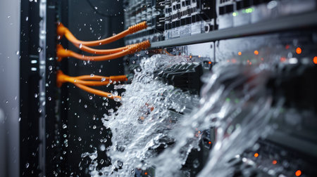 A server rack in a data center being overwhelmed with a flood representing a DDoS cyberattack.の素材