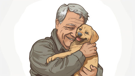An illustrated image of an elderly man smiling and hugging his happy golden puppy, evoking feelings of companionship and joy.の素材