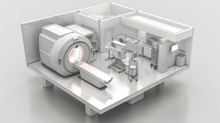 An isometric view of a contemporary MRI suite, showcasing the precise layout and advanced medical imaging technology.の素材