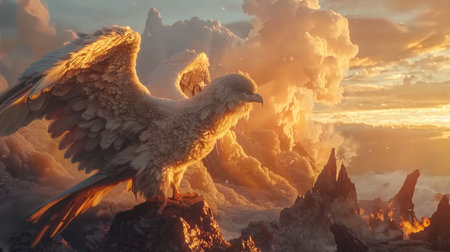 A griffin surveys the realm from its rocky perch amidst a dramatic landscape of fire and sunset clouds, exuding regal power.の素材