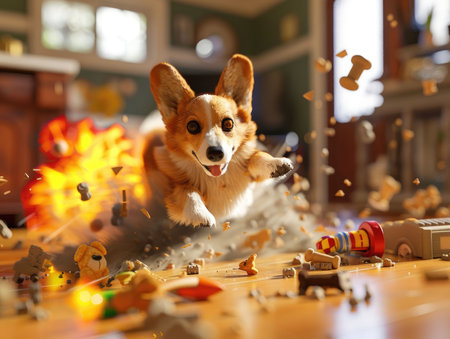 An energetic corgi mid-leap, caught in a playful explosion of toys and cushions, creating a scene of delightful chaos.の素材