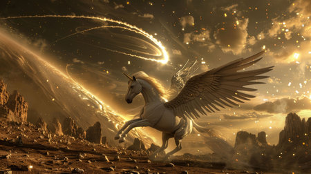 A winged unicorn, or pegasus, is depicted soaring across a dramatic apocalyptic landscape with meteor showers and fiery skies.の素材