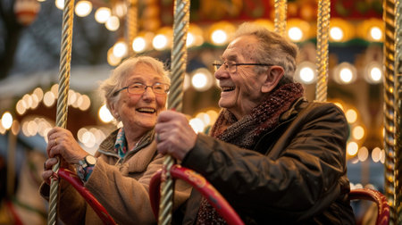 A heartwarming scene of senior citizens laughing together on a carousel, capturing a sense of timeless fun and companionship.の素材