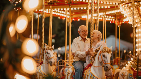 A heartwarming scene of senior citizens laughing together on a carousel, capturing a sense of timeless fun and companionship.の素材